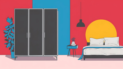 interior design mockup Grey wardrobe in minimalist style interior design of modern bedroom Pop Art Palette Primary red yellow blue white PinUp Art