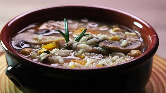 la ciotola con la zuppa di ceci, funghi e riso ruota sul tagliere