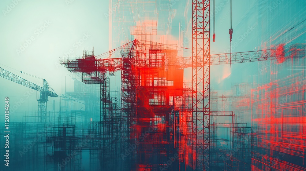 Poster Abstract depiction of a construction site with cranes and scaffolding.
