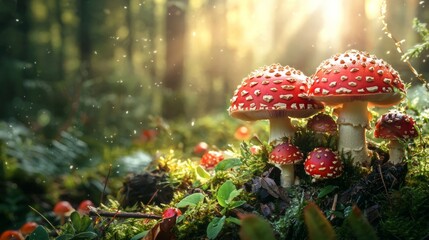 Cluster of red mushrooms in a magical forest setting