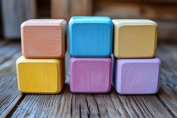 Fototapeta premium A set of colorful wooden blocks arranged on a wooden surface.