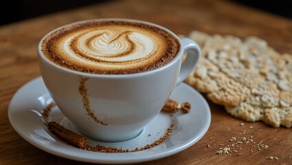 A cup of beautifully crafted latte art sits on a saucer, accompanied by cinnamon sticks and a plate of biscuits.