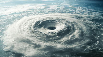 Aerial view of hurricane eye surrounded by swirling clouds