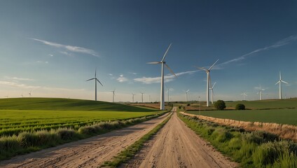 Dirt road winding through green fields, lined with tall wind turbines under a clear blue sky and scattered clouds.