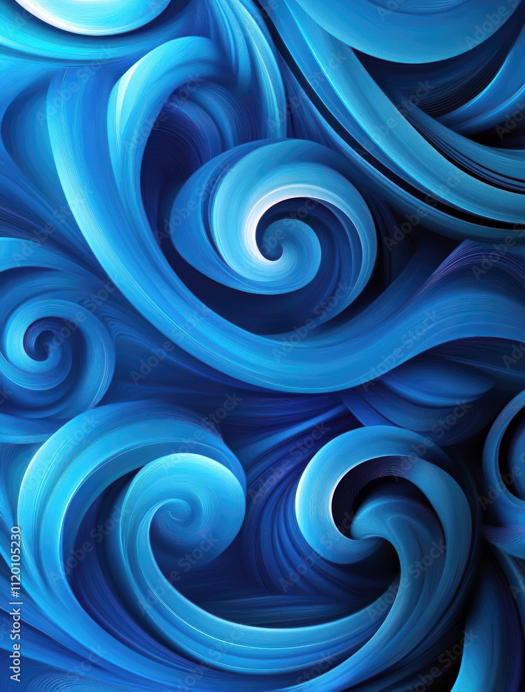 Poster a captivating abstract design featuring dynamic blue swirls, capturing the fluidity and movement of 
