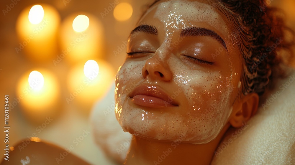 Poster a woman lies peacefully with a face mask applied, surrounded by soft candlelight, creating a serene 