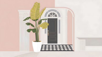 interior design mockup A tall yellow plant in a white pot sits in front of a white wall with a black door Champagne Elegance Champagne blush cream silver Pointillism