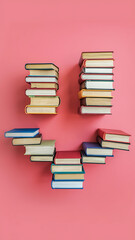 Lively Bookshelves Bookshelves with book spines arranged to form a smile in front of a solid background Photography copyspace glossy effect