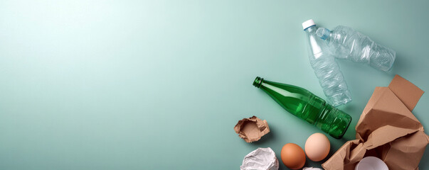 Explore the importance of recycling as various materials, including plastic bottles and cardboard, lay scattered on a mint-green surface, highlighting the need for eco-friendly practices.