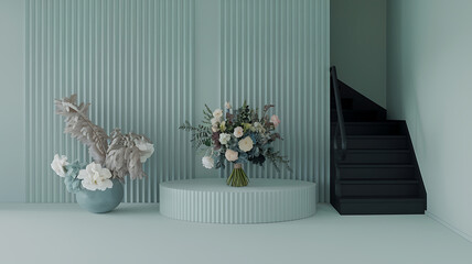 interior design mockup Minimalist interior with a bouquet of flowers on a podium and a staircase rendered in a realistic style with muted colors and soft lighting Electric Cyan Neon cyan dark navy bl