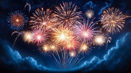 Fototapeta premium Spectacular New Year's Eve Fireworks. Vibrant Fireworks Display Over Cityscape