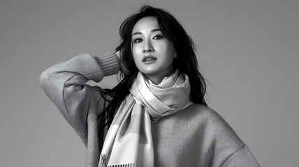 Effortlessly Cool A Korean woman in a simple oversized sweater and chic scarf with a laidback pose and natural beauty Photography copyspace glossy effect