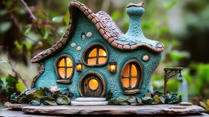 Fototapeta premium Fairy tale-inspired miniature house with intricate details and warm lighting 