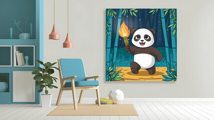 interior design mockup A cute cartoon panda holding a torch in its paw with a determined expression on its face ready to embark on an adventure in the dark bamboo forest Painterly Blend Burnt sienna 