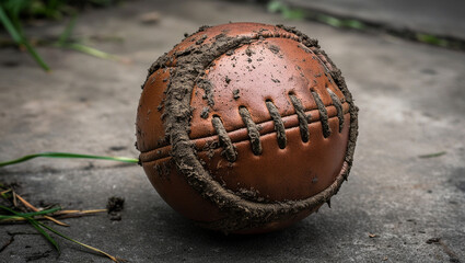 a dirty soccer ball covered in mud
