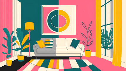 interior design mockup Bright interior of a house with a large window a white sofa and green plants in pots near it Retro Pop Hot pink teal lemon yellow white Fantasy Creature Design
