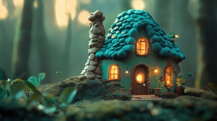 Fototapeta premium Fantasy-themed cottage with glowing lights in an enchanting forest 