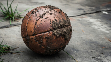 a dirty soccer ball covered in mud