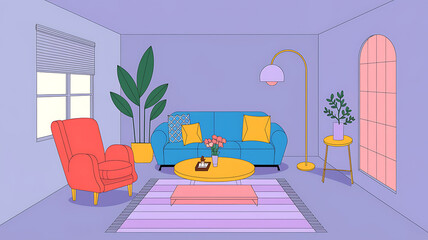 interior design mockup Minimalist memphis style interior design of modern living room Stylish interior with bright red and blue armchair geometric decor and green plants Unicorn Sparkle Lavender past