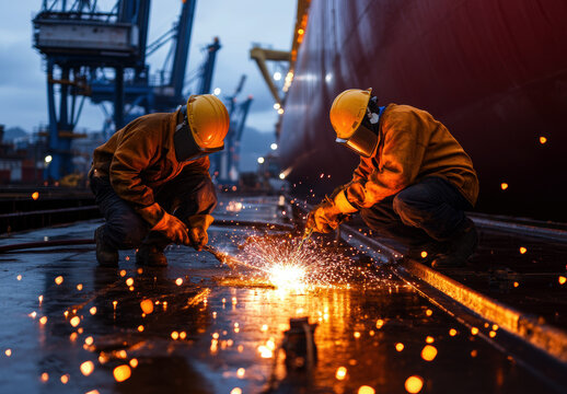 Two skilled welders work diligently on a shipyard, creating sparks under dimming twilight. Their safety gear highlights the importance of protection in heavy industrial environments.