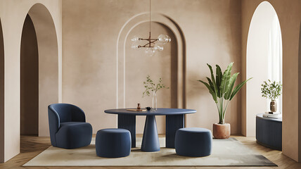 interior design mockup Minimalist japandi style interior design of modern living room with blue dining table and ottoman chair Room with beige stucco arched wall Midnight Gold Midnight blue gold char