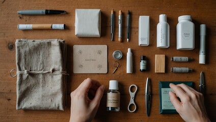 A flat lay of various stationery and skincare items on a wooden table, with hands touching a natural fabric pouch.