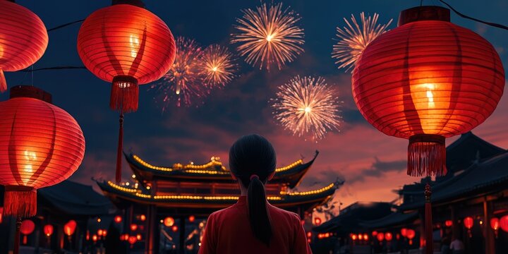 Chinese New Year Red paper lantern and firework on sunset sky background. Lunar new year 2025 celebration in China. 