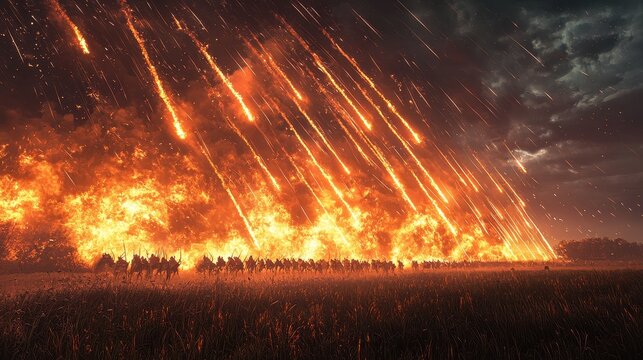 A fleet of medieval archers releasing a volley of flaming arrows at an advancing army under a stormy sky. The fiery streaks light up the darkened field, creating a dramatic and powerful visual. 