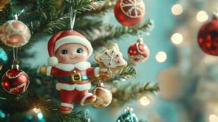 A whimsical scene of a doll in a Santa suit hanging on a Christmas tree, surrounded by ornaments and iced tree-shaped cookies