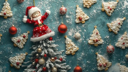 A whimsical scene of a doll in a Santa suit hanging on a Christmas tree, surrounded by ornaments and iced tree-shaped cookies