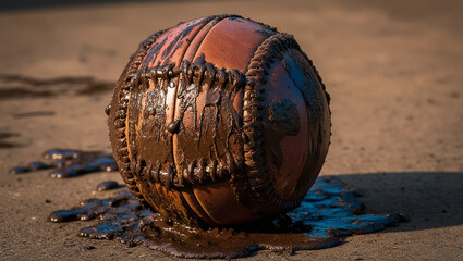 a dirty soccer ball covered in mud