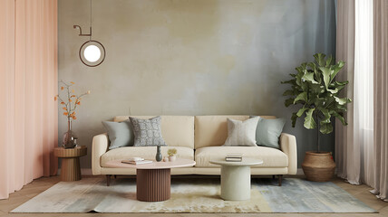 interior design mockup Interior with sofa 3d render Lofi Aesthetic Muted peach sage green faded blue cream Surrealism
