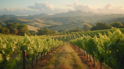Naklejka premium Serene Vineyard on Rolling Hills with Distant Mountains