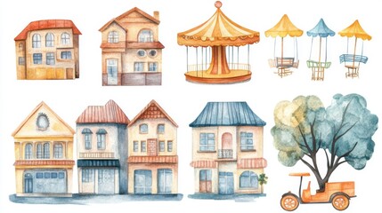 Watercolor Townhouses and Carousel Illustrations