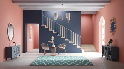 interior design mockup Interior of modern hall with staircase 3d rendering Mediterranean Vibes Terracotta cobalt blue olive green white Low Poly