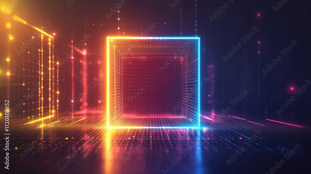 Poster abstract digital landscape with colorful light effects, abstract geometric background with neon squa