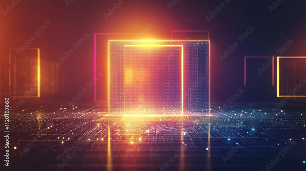 Poster abstract digital landscape with colorful light effects, abstract geometric background with neon squa