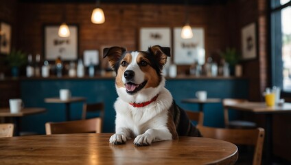A happy dog with a white and brown coat sits on a wooden table in a cozy café, surrounded by plants and softly lit decor.