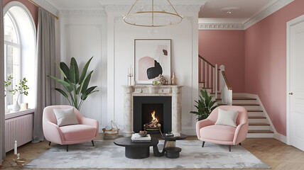 interior design mockup Interior mit kamin und treppe 3d Minimal Chic White light gray black blush pink Baroque