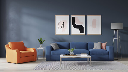 interior design mockup Orange armchair and blue sofa near blue wall with frames Minimalist memphis style interior design of modern living room Minimal Chic White light gray black blush pink War Art
