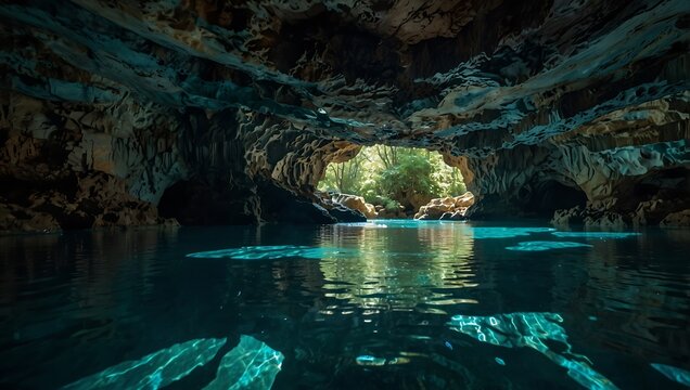 A serene underground cave with sparkling turquoise water, surrounded by rugged rock formations and lush greenery in the background.