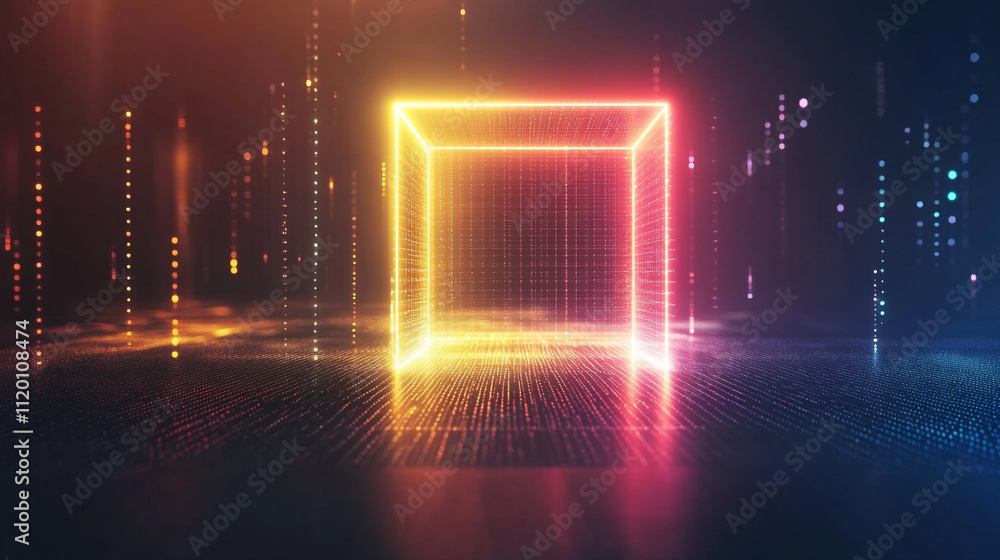 Poster abstract digital landscape with colorful light effects, abstract geometric background with neon squa