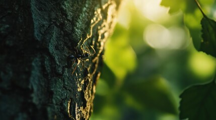 Obraz premium A close-up of an ant climbing a textured tree bark amidst a natural, green background.