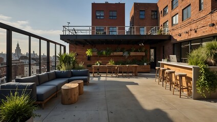 A rooftop terrace features modern seating, wooden tables, greenery, and a bar, with a city skyline in the background.