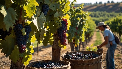A vineyard landscape features ripe grape clusters hanging from lush green vines, with a worker sorting grapes into baskets.