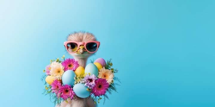 Happy Easter banner. Funny ostrich in sunglasses and wreath of flowers and Easter eggs on its neck isolated on blue background with copy space. Egg hunt poster.