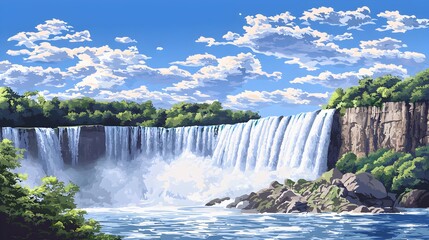 Fototapeta premium A waterfall is shown in the foreground of a blue sky