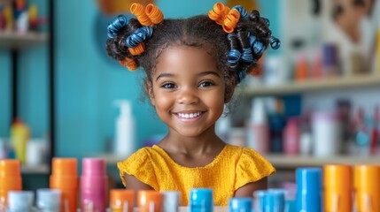 A cheerful child poses with bright hair rollers in her hair, surrounded by an array of hair care products on shelves in a beauty salon, creating a lively atmosphere.