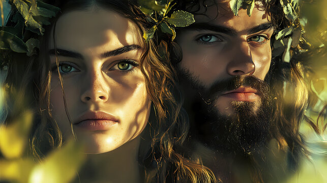 Portrait of man and woman representing adam and eve, set in a natural outdoor environment. Edenic. Illustration