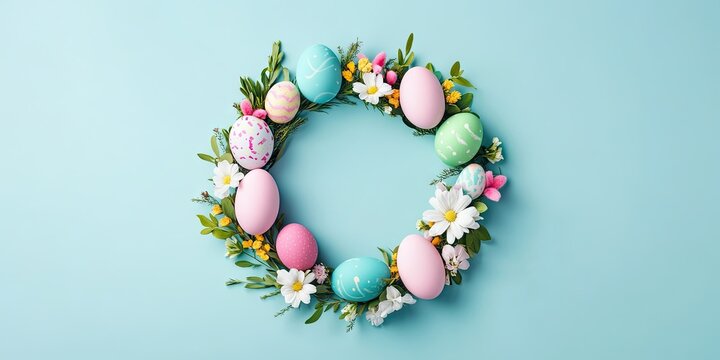 Decorative easter wreath with bright colored eggs and spring flowers isolated on blue background. Flat lay, top view with copy space.
